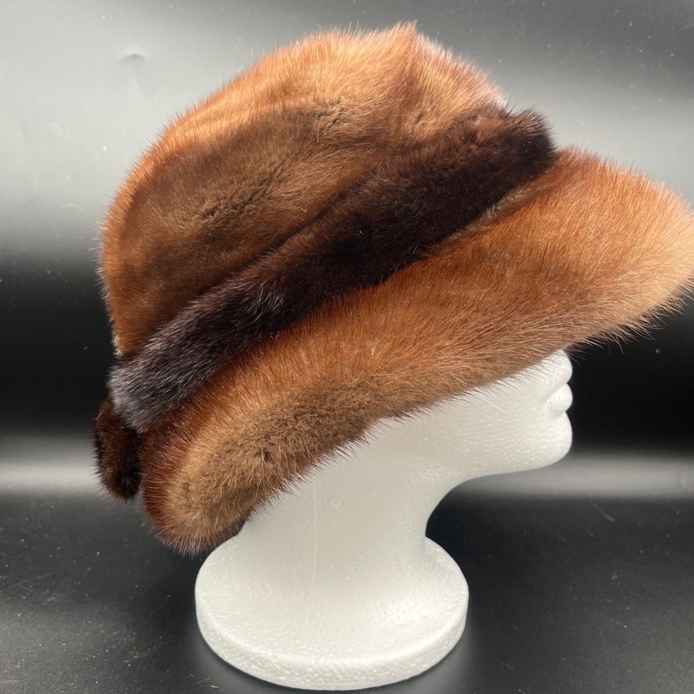 Jack Savidusky's Furquarters Vintage Mink Fur Hat Brown Striped Cloche‎ Bucket - Picture 2 of 8